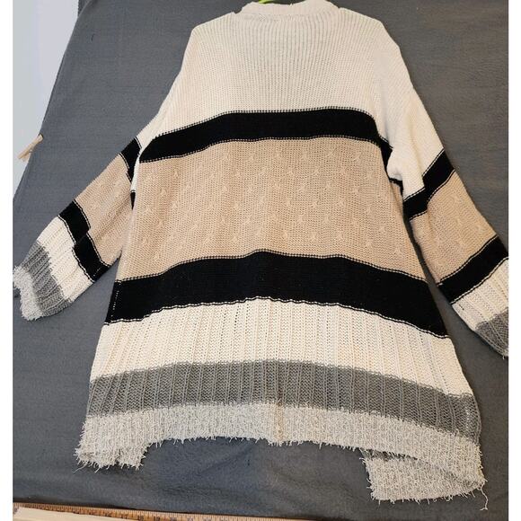 Umgee Long Duster Sweater Open Front Cardigan Tan Cream Black Stripe Womens‎ 1XL - Picture 2 of 10